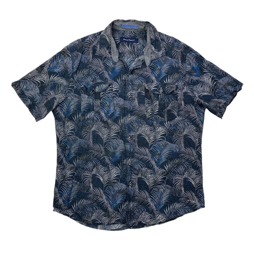 Tommy Bahama Shirt Mens L Navy Blue Tropical Short Sleeve Hawaiian Floral Cotton